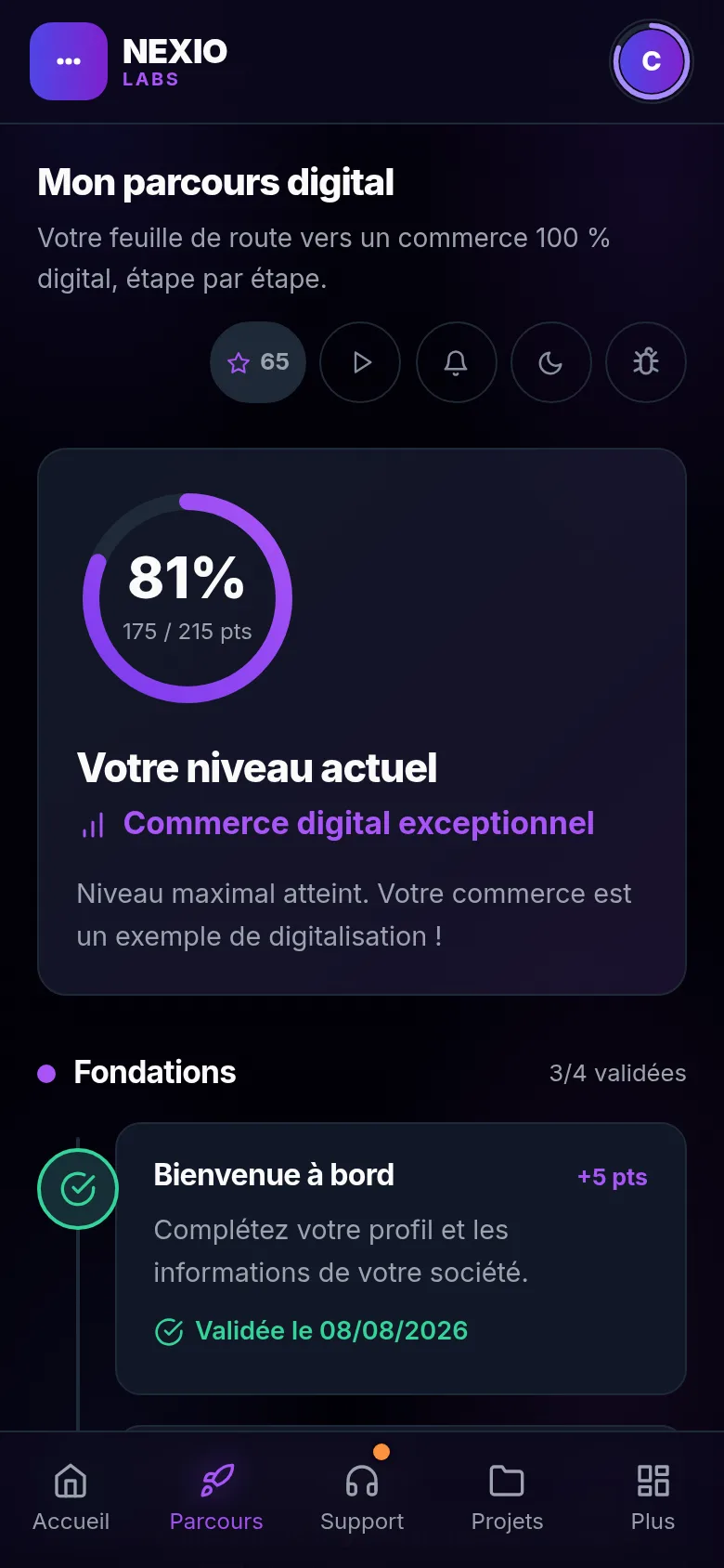 Écran Mon parcours digital : progression, niveau En transition, étapes validées avec leurs points