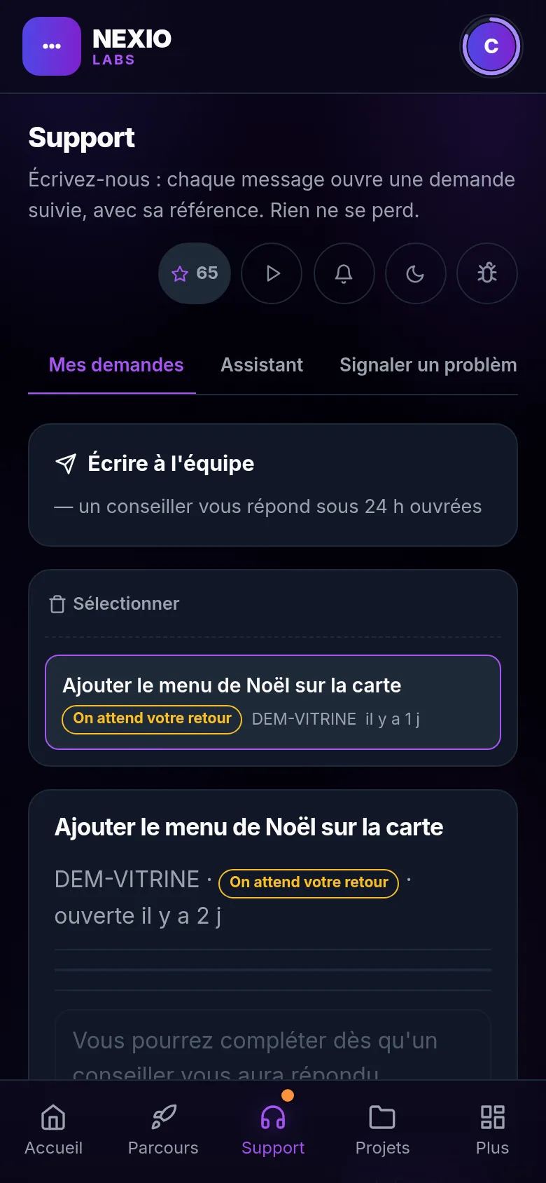 Écran Support : les onglets Discussion, Assistant et Mes demandes, avec la réponse de l'assistant
